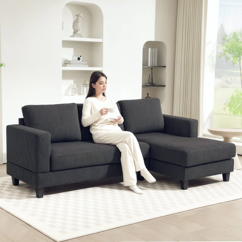 HOMCOM Canapé d'angle en velours côtelé 3 places avec méridienne et coussin à ressorts épais, largeur 214 cm, gris foncé