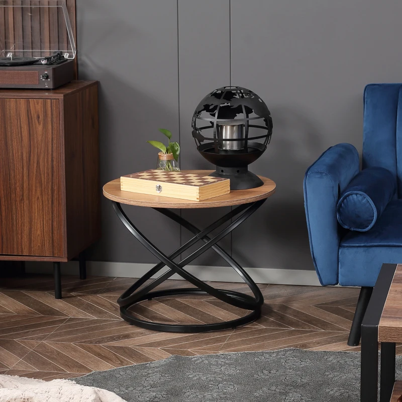 HOMCOM Table basse ronde style industriel en métal noir et plateau en bois - dim. Ø 60 x 46H cm