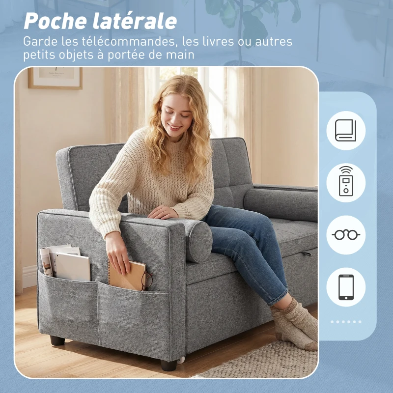 HOMCOM Canapé convertible 2 places 3 en 1 canapé-lit avec lit gigogne double dossier réglable 2 coussins 80,5x137,5x84cm gris