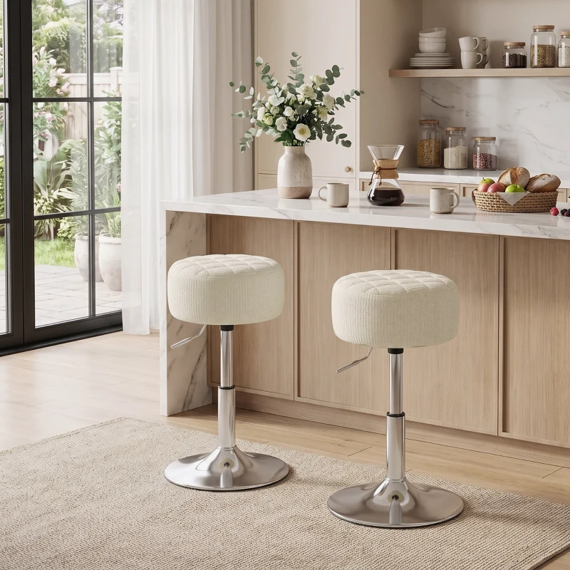 HOMCOM Banqueta de penteadeira em PU, banqueta de maquiagem giratória, banqueta de bar regulável em altura 51-66 cm, creme