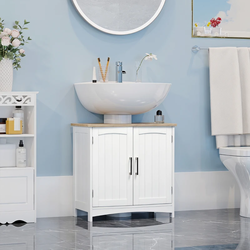 kleankin Meuble salle de bain sous lavabo à double portes avec étagères réglables, blanc et bois naturel