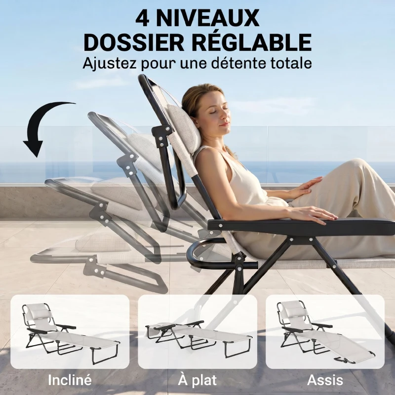 Outsunny Chaise longue de jardin pliante dossier réglable sur 4 niveaux, trou de lecture et appui-tête 72 x 194 x 89 cm crème