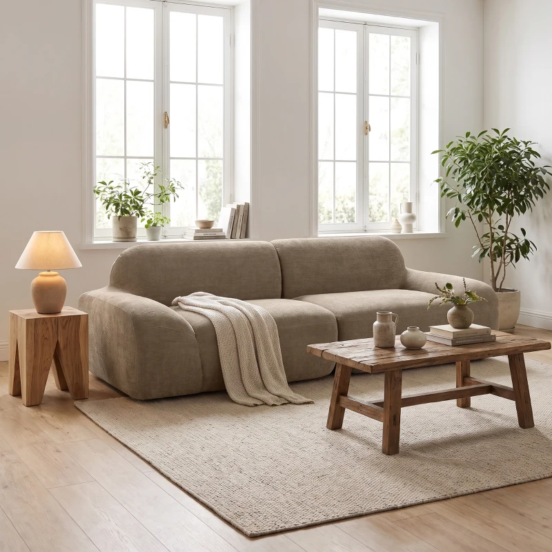 HOMCOM Sofá 3 Lugares em Chenille 244 cm, Sofá de Sala Moderno, Assento e Apoios de Braços Largos, Molas Ensacadas, Castanho Claro