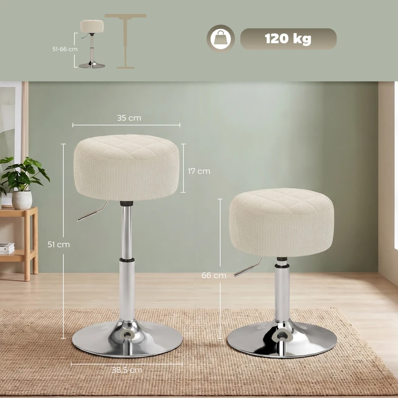 HOMCOM Banqueta de penteadeira em PU, banqueta de maquiagem giratória, banqueta de bar regulável em altura 51-66 cm, creme