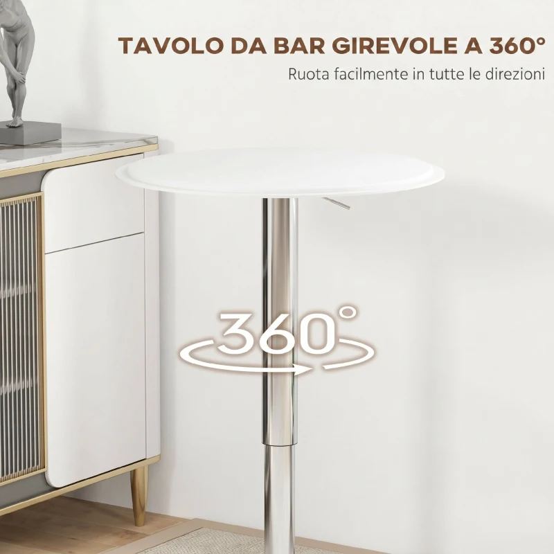 HOMCOM Tavolo Bar Rotondo Ø63 cm, Regolabile in Altezza 67-93cm con Struttura in Metallo, Piano Girevole 360°, per Cucina Sala da Pranzo, Bianco