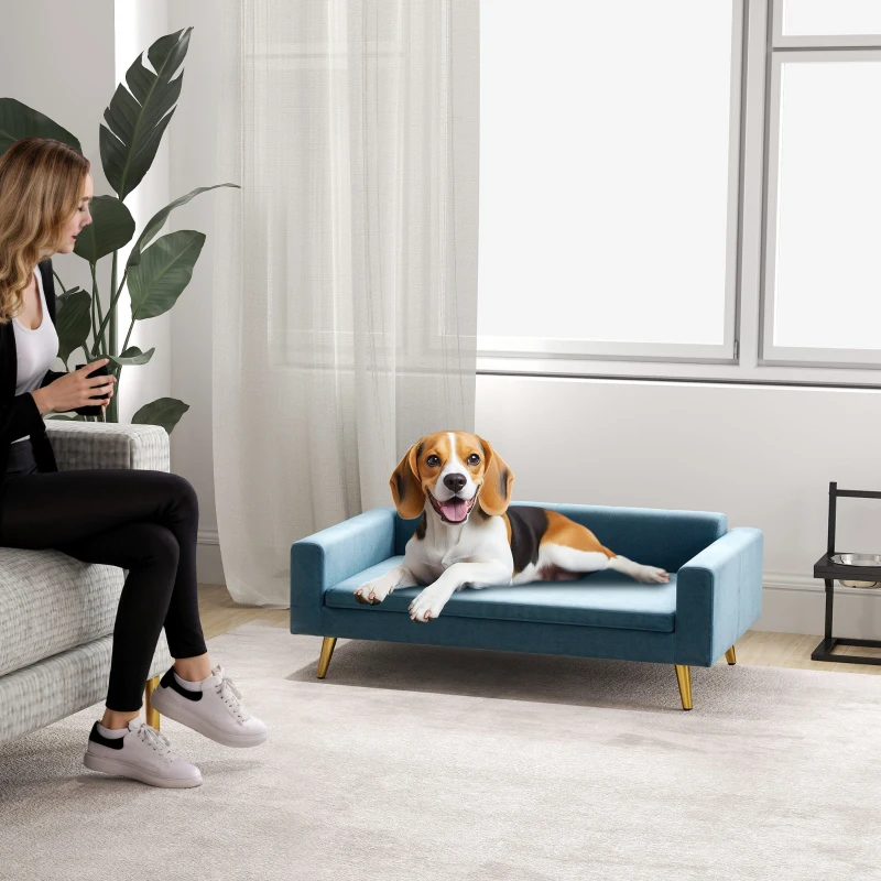 PawHut Canapé chien lit pour chien design scandinave coussin moelleux pieds métal doré 94 x 59,5 x 31,5 cm velours soyeux bleu