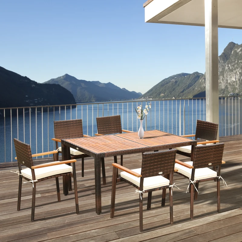 Outsunny Ensemble de table et 6 chaises de jardin en résine tressée avec coussins d'assise et plateau table en bois d'acacia - marron