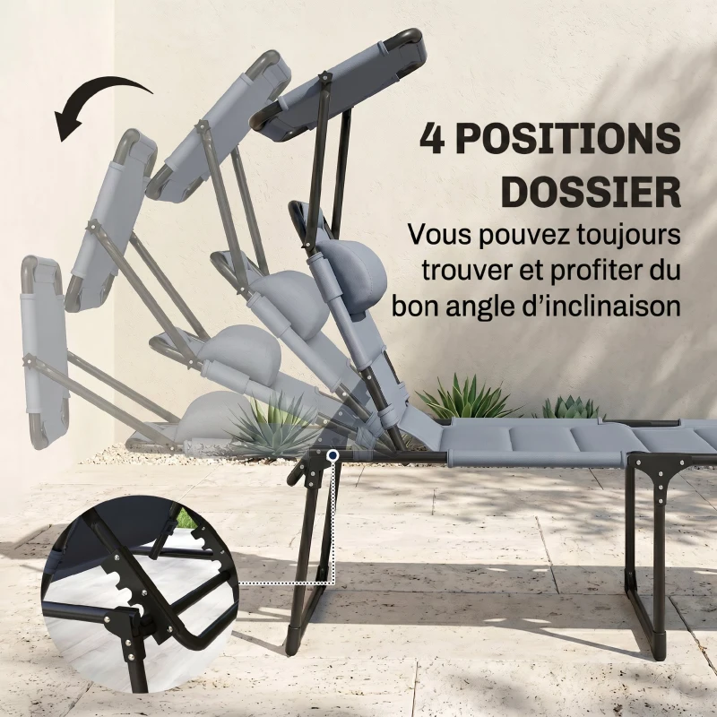 Outsunny Bain de soleil chaise longue pliante avec pare-soleil, appuie-tête inclinable en tissu Oxford 70 x 200 x 45 cm gris