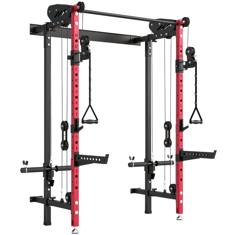 SPORTNOW Station de Musculation Pliable 700 kg Hauteurs Réglables avec Poulies Doubles, Supports de Barre, 184x123x209cm, Rouge