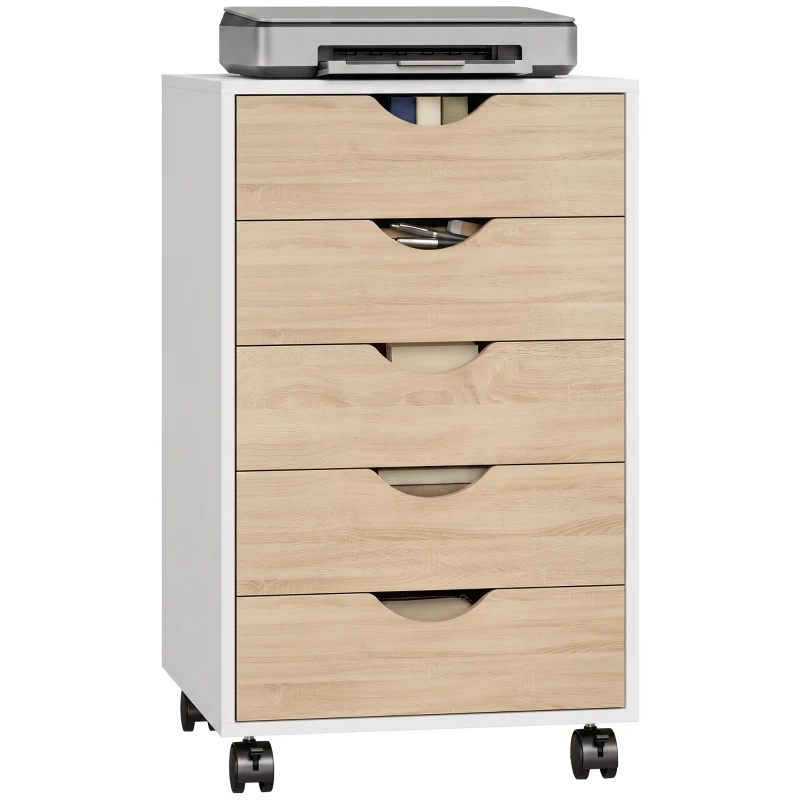 HOMCOM Büroschubladenkommode auf Rollen mit 5 Schubladen, mobiler Aktenschrank für Arbeitszimmer Wohnzimmer 40x40x67 cm Weiß und Natur