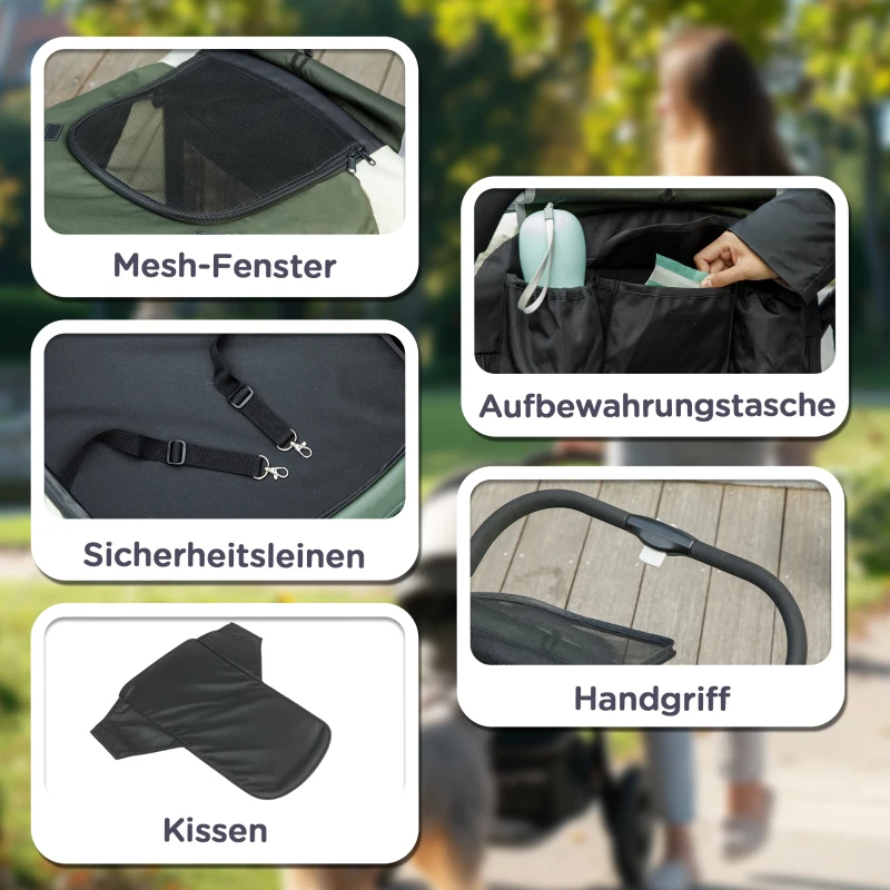 PawHut Opvouwbare Hondenbuggy voor 2 Kleine Honden tot 25 kg Donkergroen(m-7)