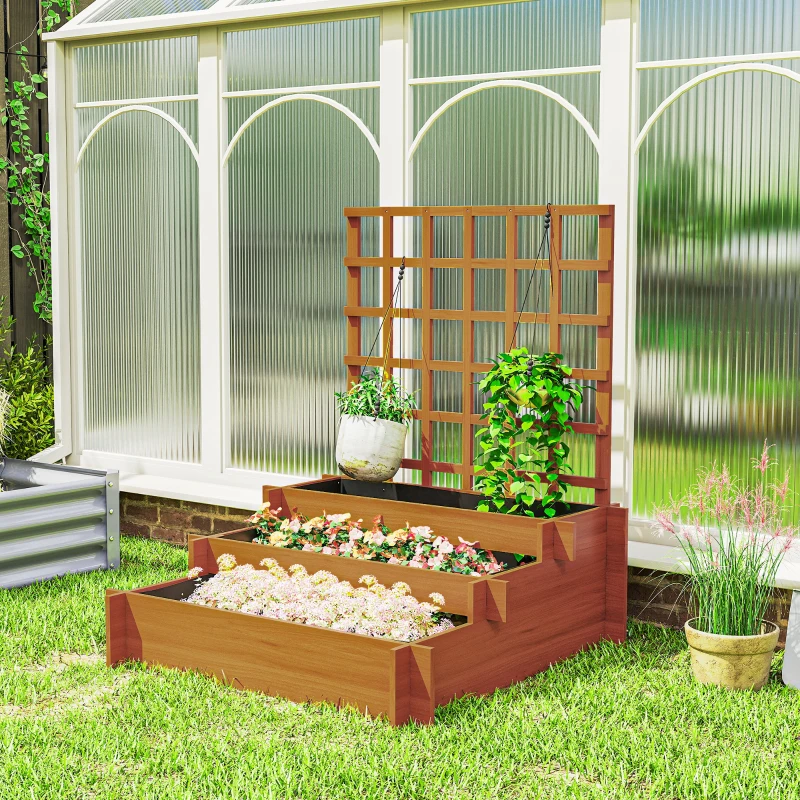 Outsunny Jardinieră cu grilaj pe 3 niveluri din lemn de brad și material netesut, 95x95x110 cm, maro