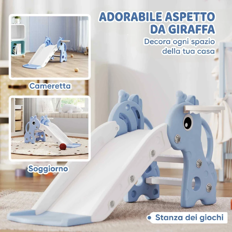 AIYAPLAY Scivolo per Bambini con Scaletta, Canestro da Basket e Pallone, Design Giraffa, per Bambini 1-3 Anni, Blu