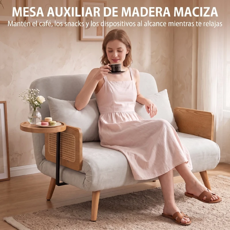 HOMCOM Sofá Cama 2 Plazas Convertible 3 en 1 Tapizado en Chenilla con Respaldo Ajustable Mesa Lateral 2 Almohadas Blanco Crema