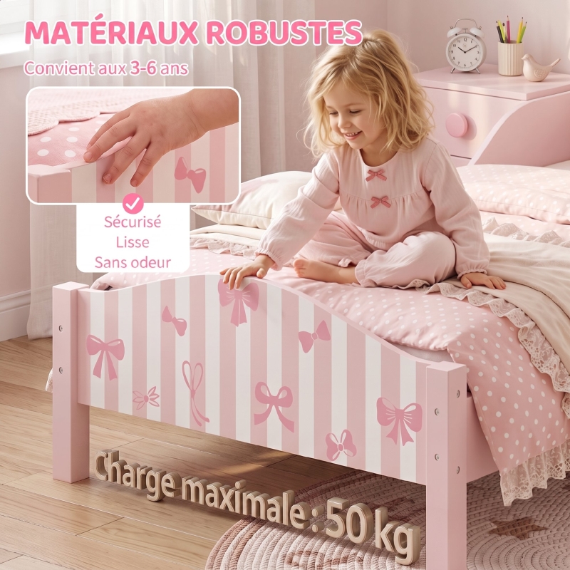 AIYAPLAY Lit Enfant 70 x 140 cm, Lit pour Enfant avec Barrière de Sécurité et Sommier à Lattes en Bois, Motif Nœud, Rose