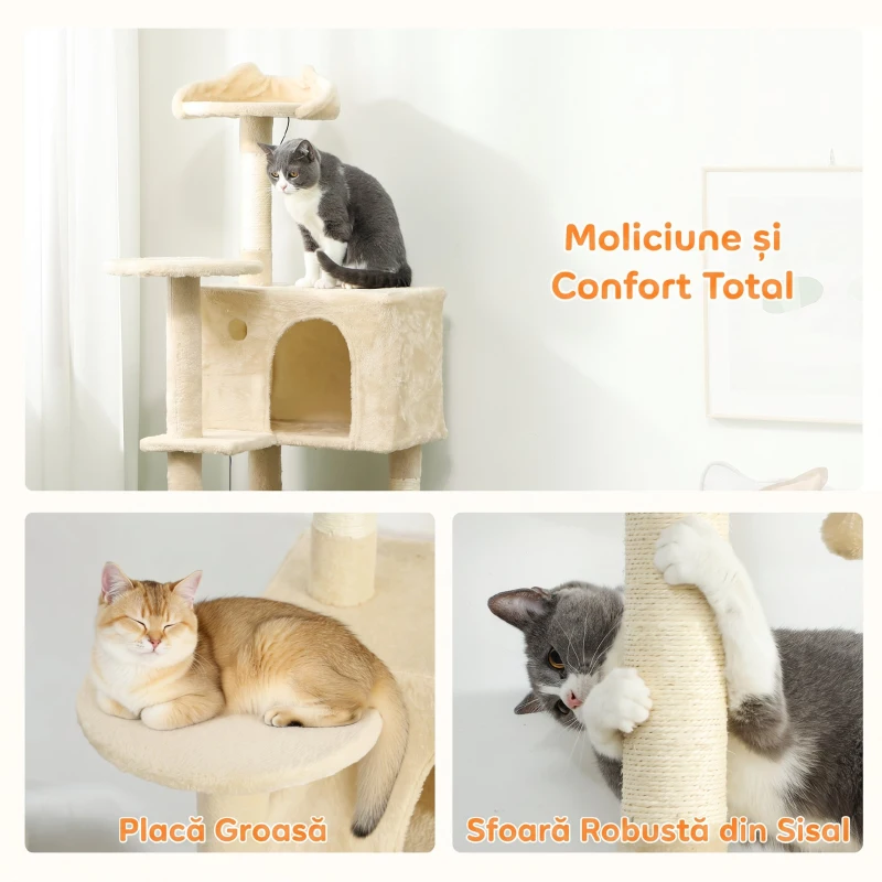 PawHut Ansamblu pentru Pisici, 140 Cm, cu 2 Căsuțe, Hamac, Culcuș și Stâlpi din Sisal, Bej