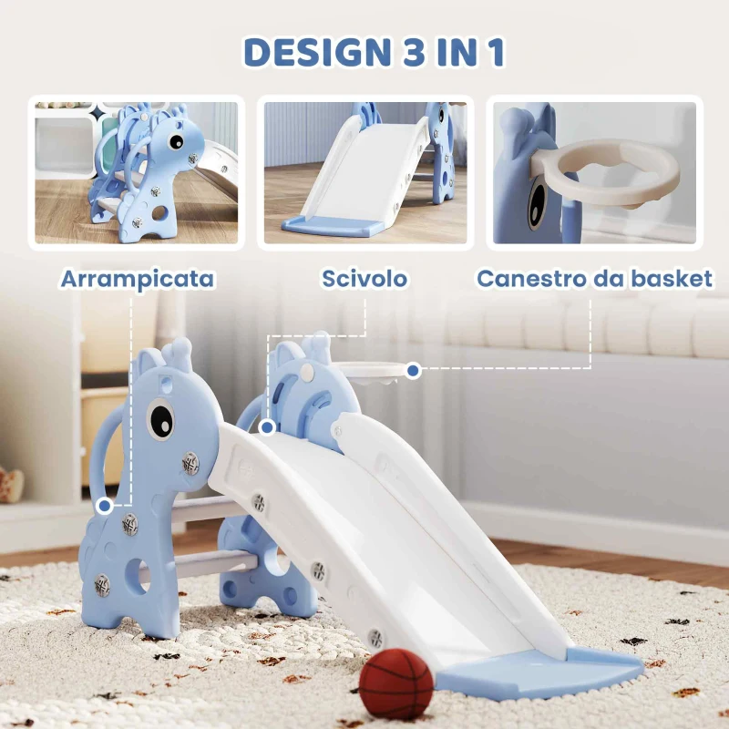 AIYAPLAY Scivolo per Bambini con Scaletta, Canestro da Basket e Pallone, Design Giraffa, per Bambini 1-3 Anni, Blu