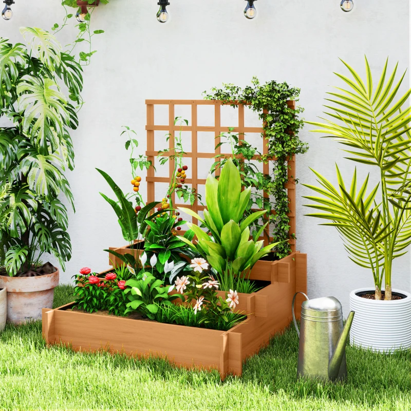 Outsunny Jardinieră cu grilaj pe 3 niveluri din lemn de brad și material netesut, 95x95x110 cm, maro