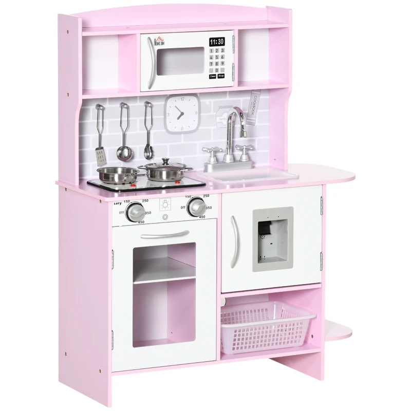 HOMCOM Bucătărie de Jucărie pentru Copii, cu Lumini și Sunete, Dozator Apă, Chiuvetă și Accesorii, MDF, PP, Roz