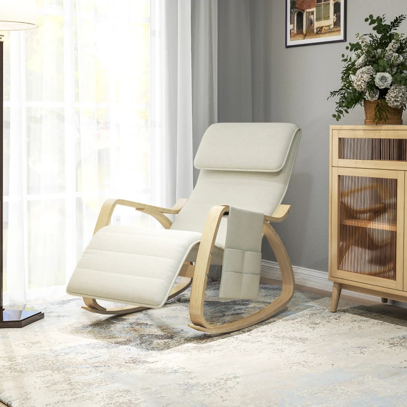 HOMCOM Silla Mecedora con Reposapiés Ajustable en 5 Posiciones Bolsillo Lateral Reposabrazos de Madera Reposacabezas Crema