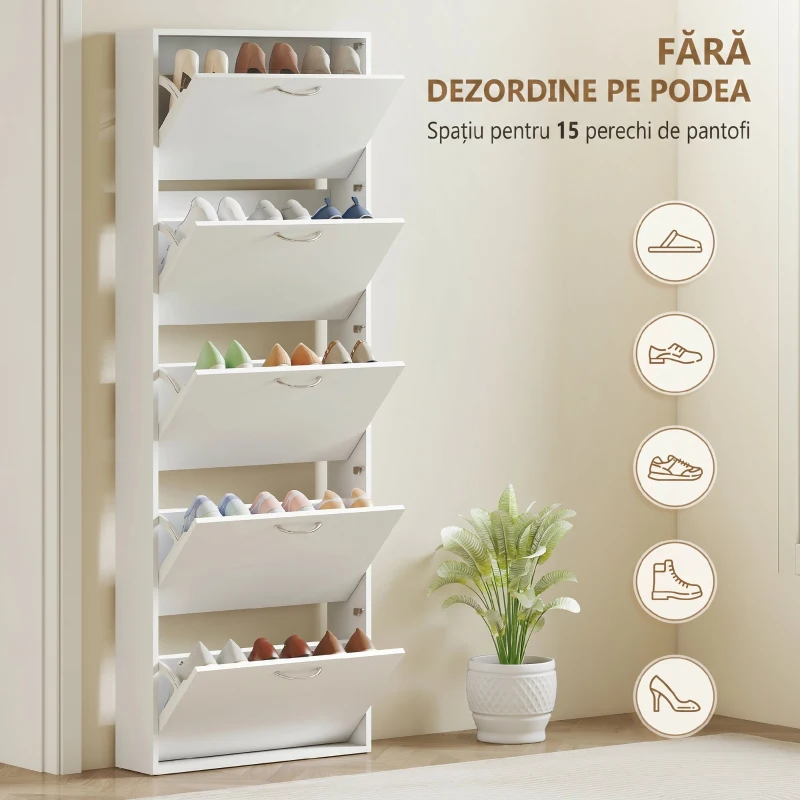 HOMCOM Dulap pentru Pantofi cu 5 Uși Anti-Răsturnare, din PAL, 65x17x180.5 cm, Alb