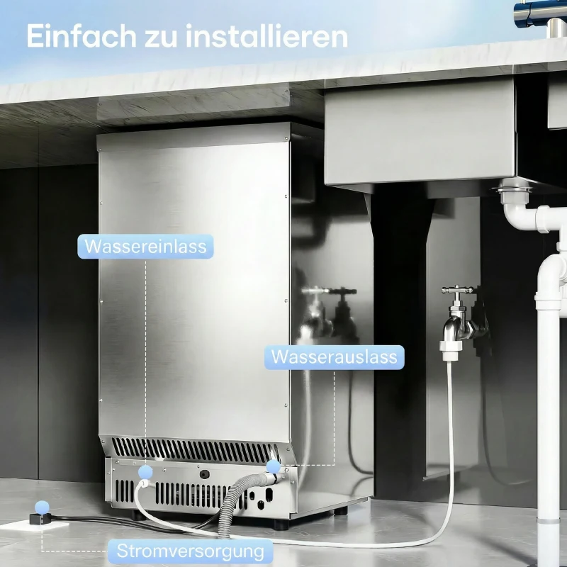 HOMCOM Gewerbliche Eismaschine, 45 kg/24 Std., Edelstahl, Unterbau oder freistehend, Silber