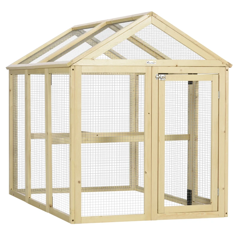 PawHut Țarc pentru Găini de Exterior din Lemn, Cușcă pentru Găini cu Uși Multiple și Plasă Metalică, 140x88.5x106 cm, Culoare Lemn
