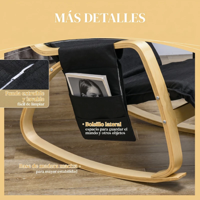 HOMCOM Silla Mecedora con Reposapiés Ajustable en 5 Posiciones Bolsillo Lateral Reposabrazos de Madera Reposacabezas Negro