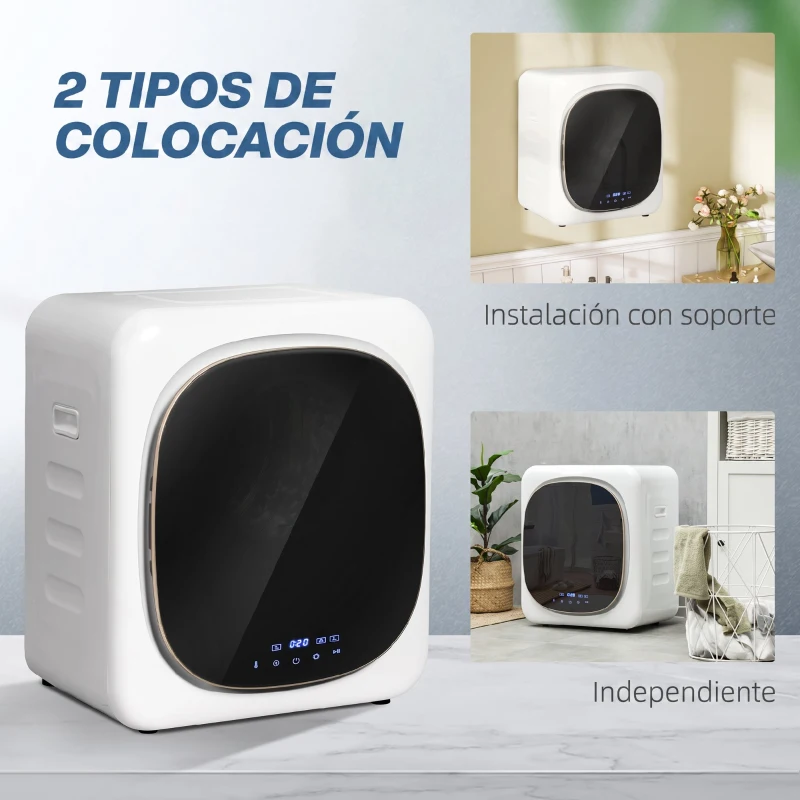 HOMCOM Secadora de Evacuación 3 kg 800W con Pantalla Táctil Control de Tiempo y Temperatura Función Antiarrugas Blanco