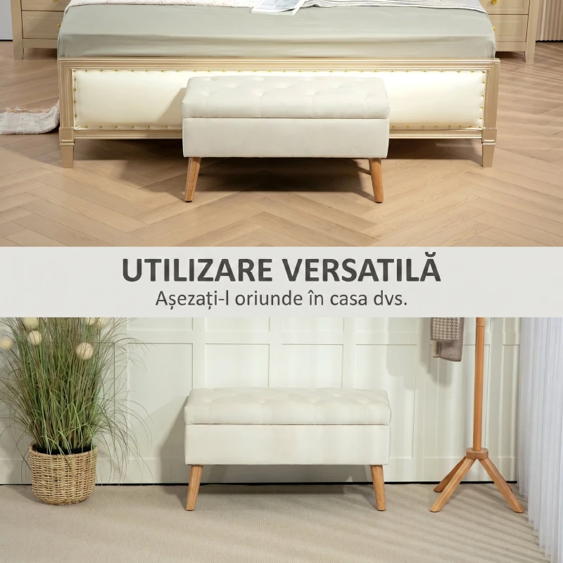 HOMCOM Taburet cu Depozitare In Catifea Picioare In Lemn Di Cauciuc 80x35x42 cm Crem