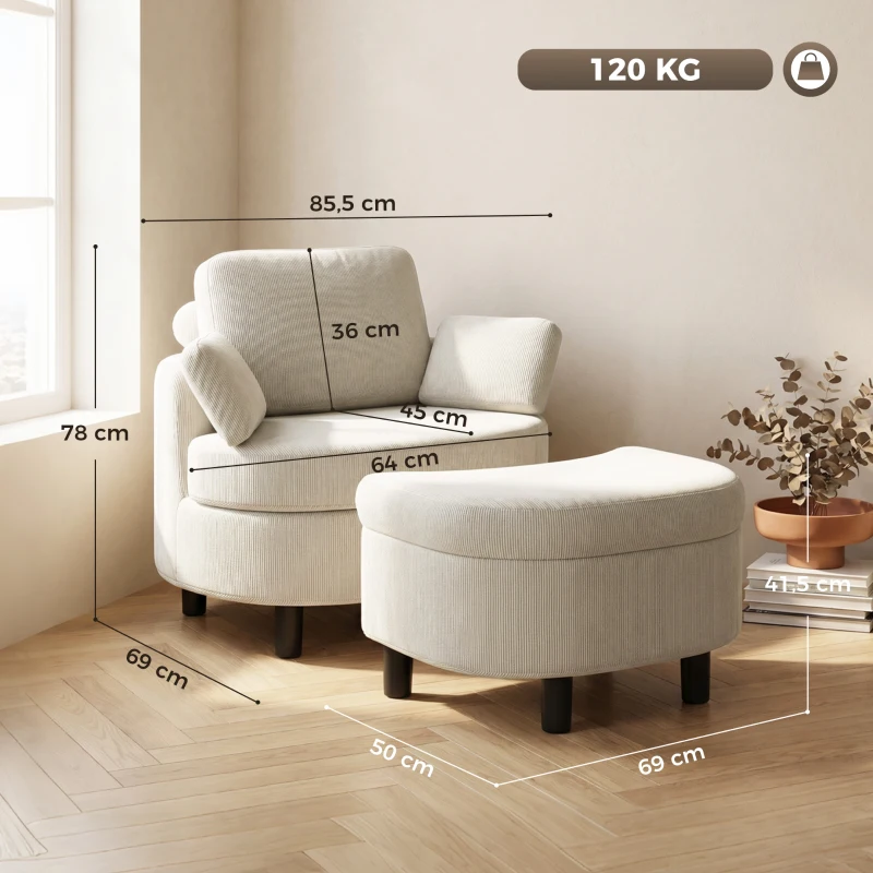 HOMCOM Fauteuil met opbergpoef, cordbekleding, omsluitende leesstoel met verstelbare hoofdsteun, brede zitting, crèmewit