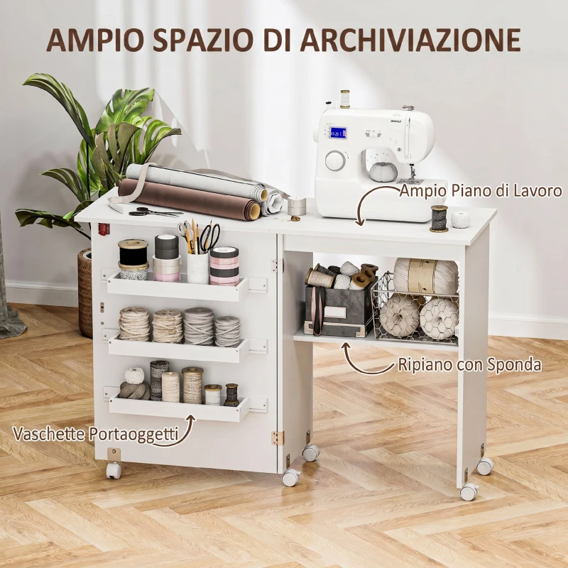 HOMCOM Mobile per Macchina da Cucire Pieghevole con Piano Ampio, 3 Contenitori, Mensola Inferiore, Ruote, Bianco