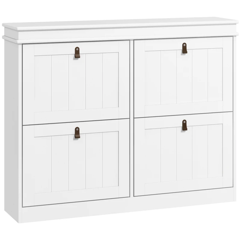 HOMCOM Pantofar Slim cu 4 Uși Rabatabile, Rafturi Reglabile, pentru 10-20 Perechi, Alb