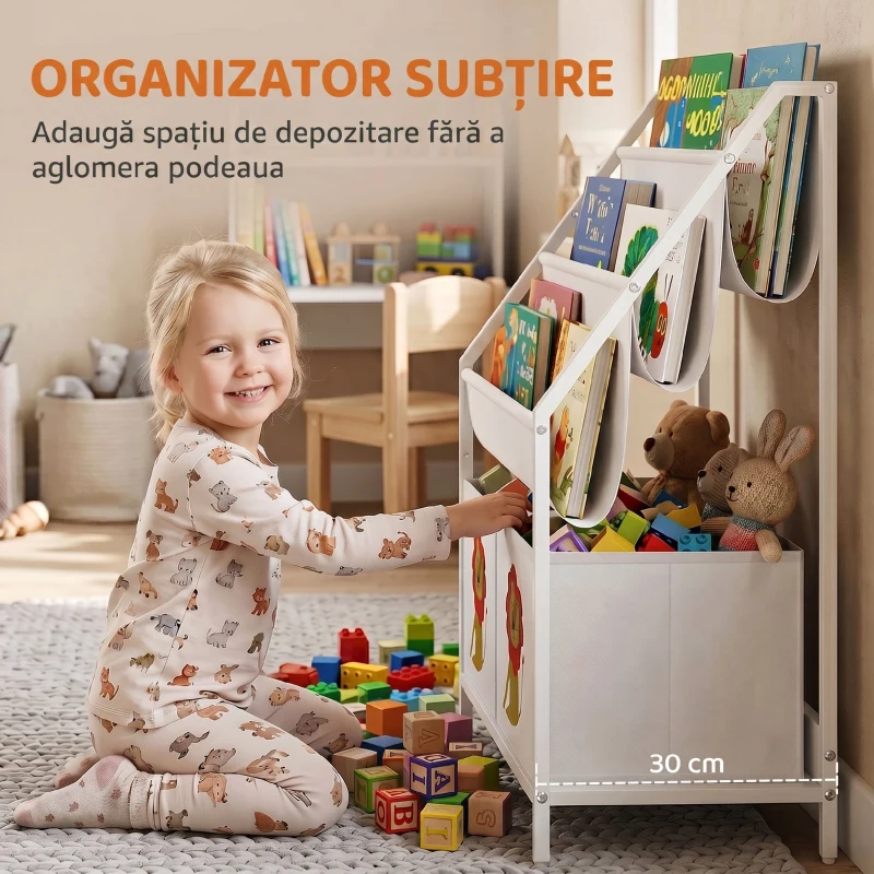 AIYAPLAY Bibliotecă Montessori pentru Copii 3-8 Ani cu 4 Rafturi și 2 Cutii cu Imprimeu Leu, Alb