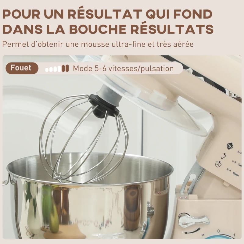 HOMCOM Robot pâtissier 1300 W, robot pétrin professionnel 4,5 L, bol d'acier inoxydable, 6+P vitesses et pulse, beige