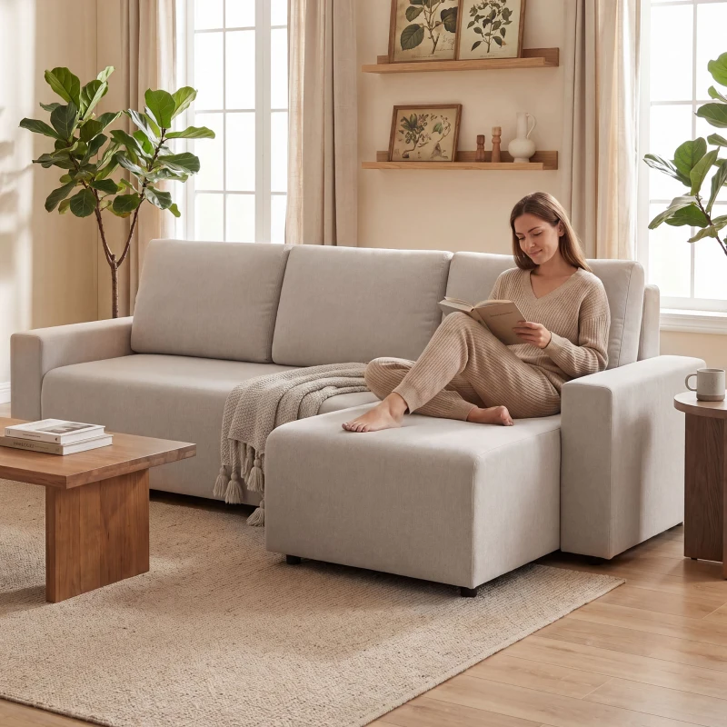 HOMCOM Ecksofa mit Schlaffunktion und umkehrbarer Chaiselongue, L-förmiges 3-Sitzer Sofa aus Veloursbezug, Beige