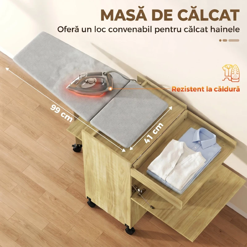 HOMCOM Dulap Masă de Călcat Rabatabilă cu Suport pentru Fier și Haine, cu Compartiment Deschis, 154x55x87 cm, Lemn Natural