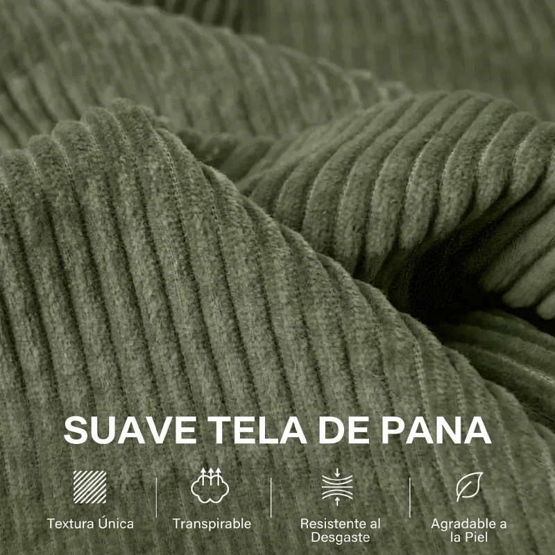 HOMCOM Sofá de 3 Plazas Tapizado en Pana con 2 Almohadas Reposabrazos y Cojín de Muelles 212x80x88 cm Verde