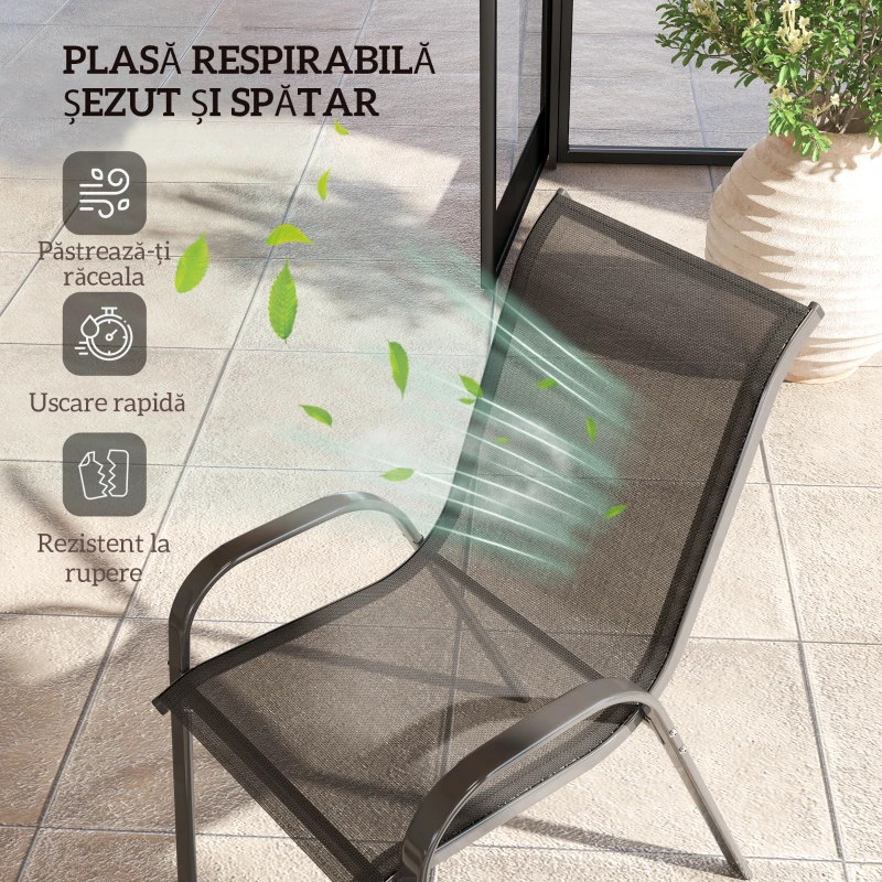 Outsunny Set 4 Scaune de Grădină Stivuibile din Oțel și Țesătură de Plasă Respirabilă, 54x71x93 cm, Negru