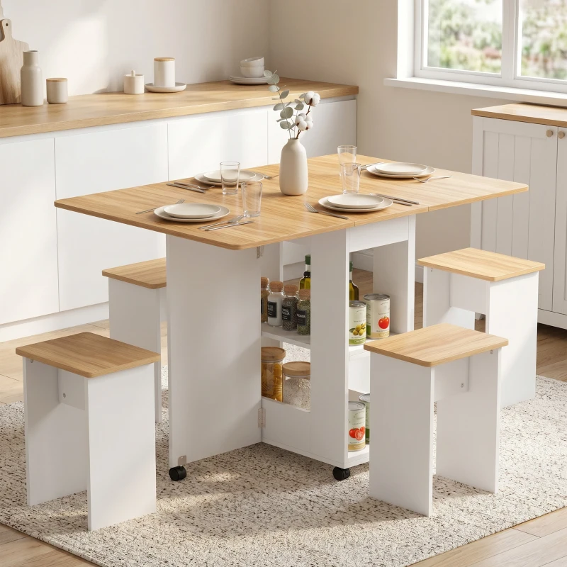 HOMCOM Conjunto de Mesa de Jantar Dobrável com 4 Bancos Ocultos, 2 Abas Rebatíveis, Rodas e Prateleiras, Carvalho