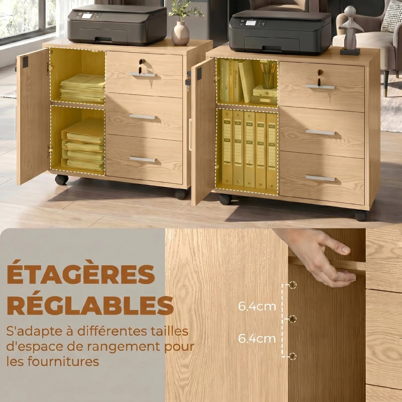 HOMCOM Caisson bureau meuble de rangement verrouillable avec 3 tiroirs et étagère réglable, roulettes, 40 x 60 x 56 cm, marron clair