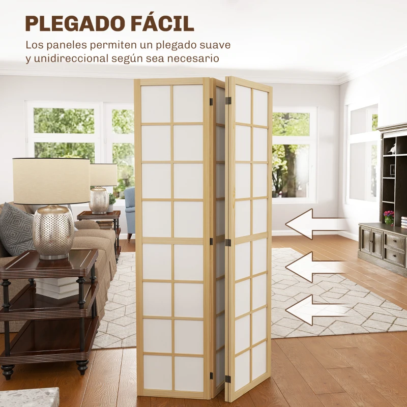 HOMCOM Biombo de 4 Paneles Plegable con Marco de Madera 160x170 cm para Dormitorio Oficina Salón Natural