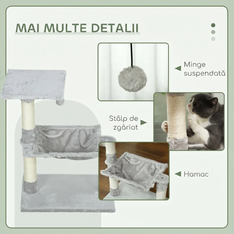PawHut Ansamblu de Zgâriat pentru Pisici, 2 Niveluri, cu Hamac și Mingiuță, PAL și Pluș, 50 x 36 x 70 Cm, Gri Deschis