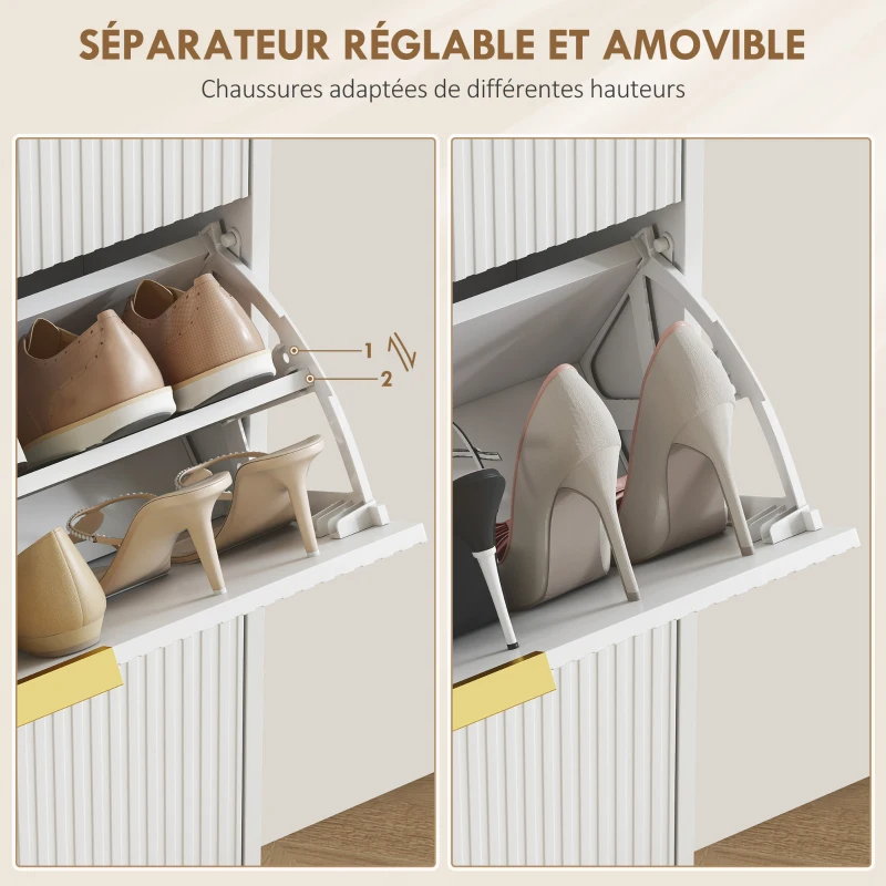 HOMCOM Meuble à chaussures 18 paires avec 3 tiroirs rabattables, portes cannelées et étagères réglables, 60x24x122,5cm, blanc