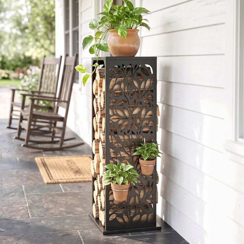 Outsunny aminholzregal 38 x 38 x 112cm erhöhtes Brennholzregal mit 4 Haken Dekorative Aussparungen bis 100 kg Stahl