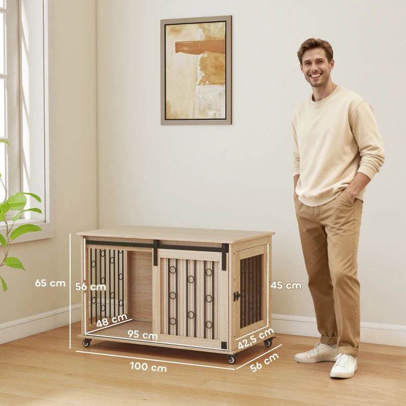 PawHut Jaula para Perros Medianos y Grandes Mesa Auxiliar Moderna con 2 Puertas y Cierre 100x56x65 cm Roble