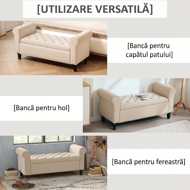 HOMCOM Bancă Dormitor cu Compartiment de Depozitare și Cotiere Rulate, 126x48.5x57 cm, Bej