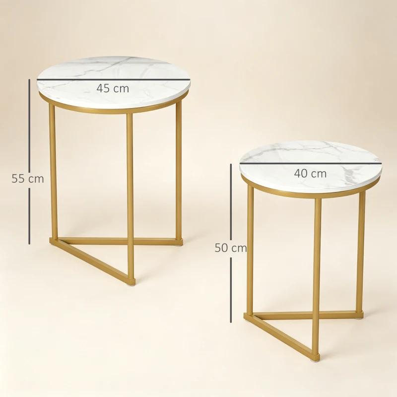 HOMCOM Beistelltisch 2er-Set, moderner Couchtisch mit goldenen Stahlbeinen für Wohnzimmer, Schlafzimmer