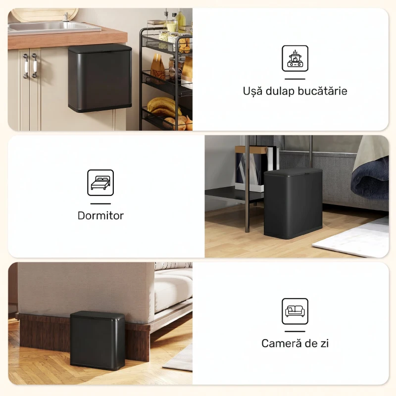 HOMCOM Pubelă 8 L cu Capac din Oțel Inoxidabil, Suspendată sau de Sine Stătătoare, 29,7x17,4x30 cm, Negru