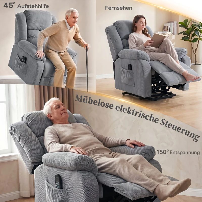 HOMCOM Aufstehsessel mit Massagefunktion und Lendenheizung, Recliner-Sessel mit Fernbedienungen und Seitentaschen, Hellgrau